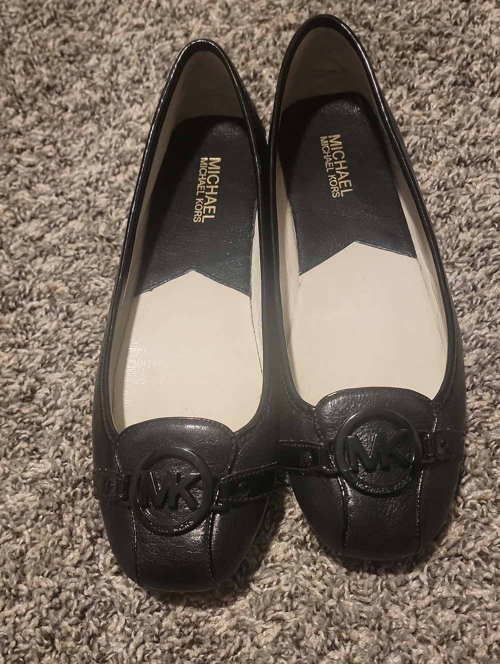 Michael Kors Fulton Black Leather MK monochrome Logo Round-Toe Flats Size 10